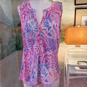 Lilly Pulitzer Pink and Blue Smocked Shoulder Henley  Tank Top